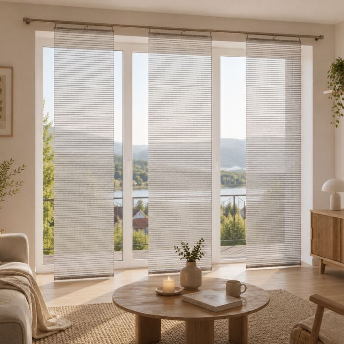 Rideau à panneaux rigide avec système à clic et barre de lestage