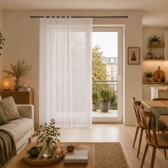 Rideau prêt à poser avec broderie, plis plats et glisseurs à clic cousus
