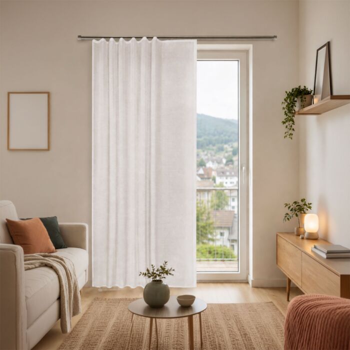 Fertigvorhang halbtransparent, Flachfalte und angenähten Clickgleitern