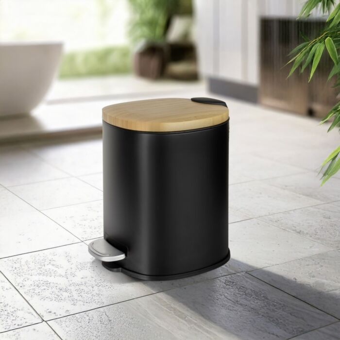Poubelle à pédale Fianema avec couvercle en bambou, 3 litres