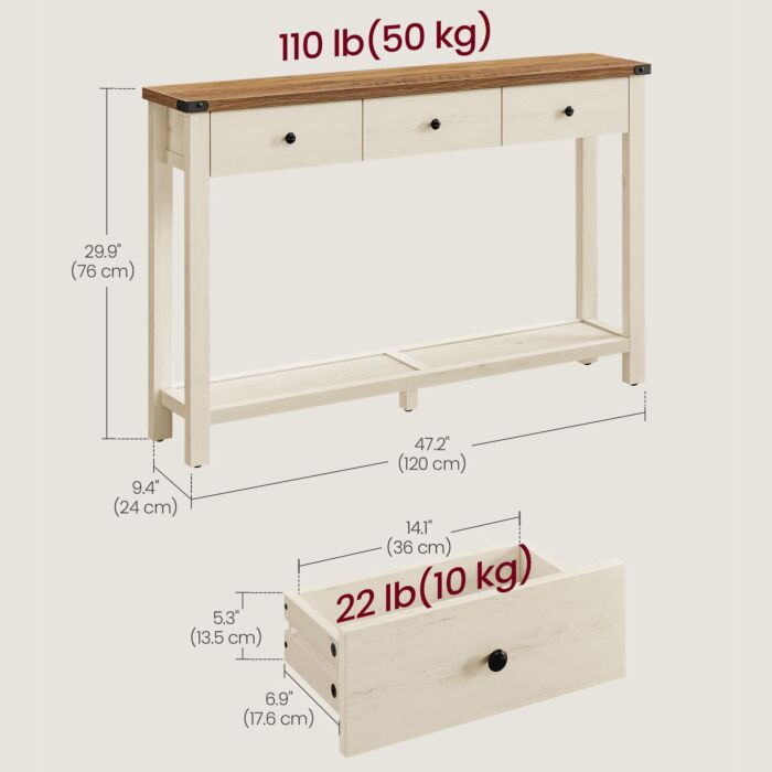 VASAGLE Konsoletisch mit 3 Schubladen