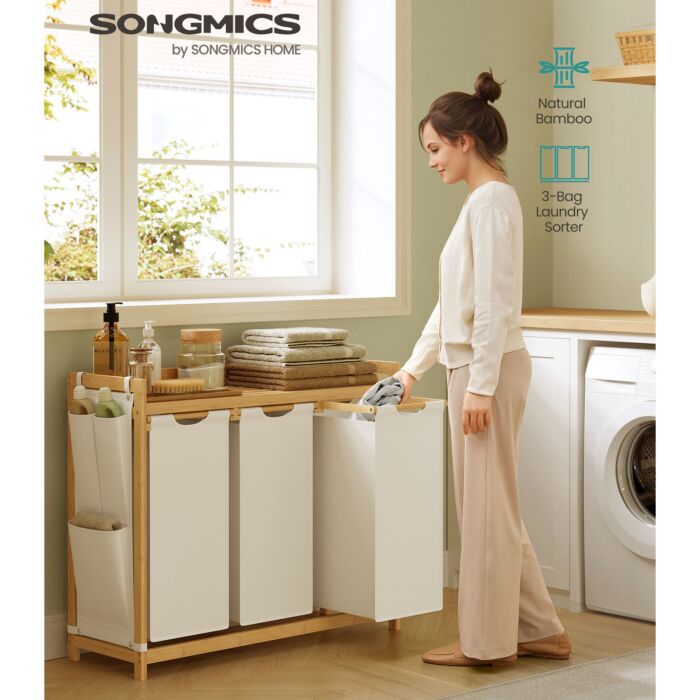 SONGMICS Wäschekorb Bambus mit 3 Wäschekörben