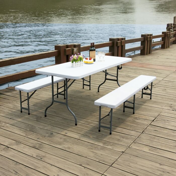 Table et bancs de fête pliable, combinable, blanc