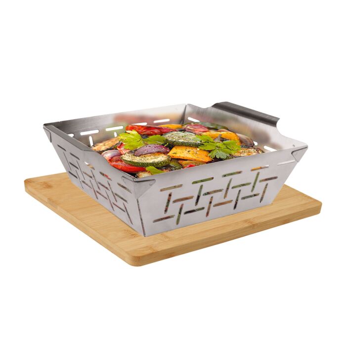 Panier à grillades climatiquement neutre avec planche en bambou 2-en-1 main product photo