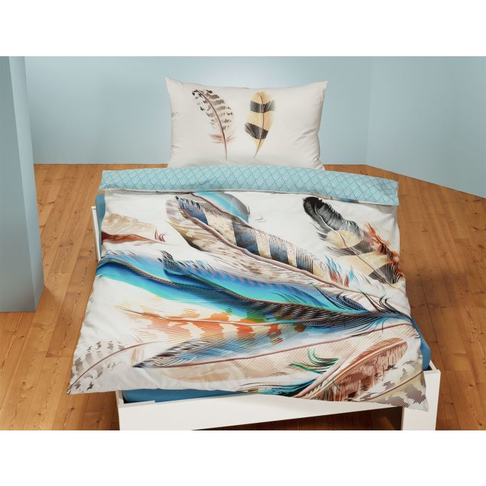 Image of Bettwäsche mit grossem Federprint, blau, 65x100 cm / 160x210 cm bei Lehner Versand Schweiz