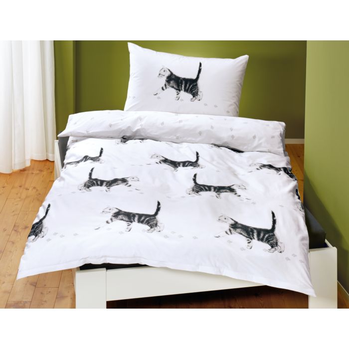 Image of Bettwäsche in Weiss mit Katzenmotiv, 65x100 cm / 160x210 cm bei Lehner Versand Schweiz