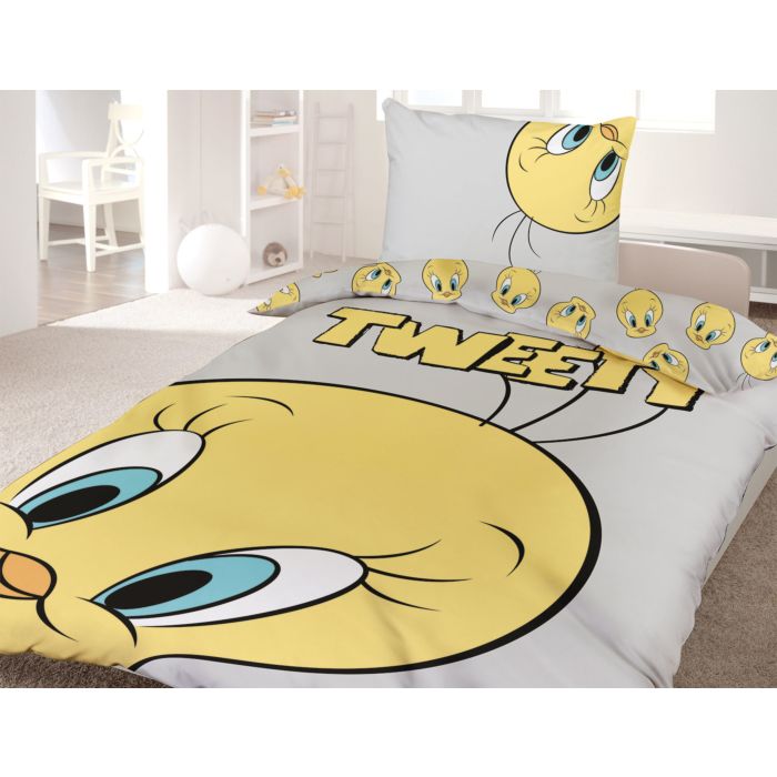 Image of Bettwäsche mit lustigem Tweety Gesicht auf hellgrauem Untergrund, gelb, 65x100 cm / 160x210 cm bei Lehner Versand Schweiz