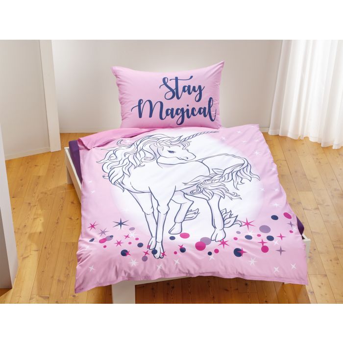 Image of Bettwäsche in rosa mit weissem Einhorn und magischem Sternenmuster, 65x100 cm / 160x210 cm bei Lehner Versand Schweiz