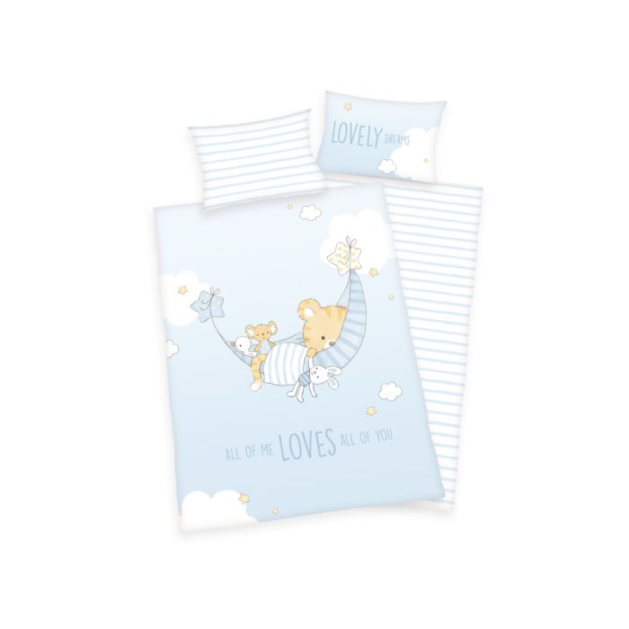 Image of Bettwäsche hellblau mit kuschelndem Tiger in Hängematte, 40x60 cm / 100x135 cm bei Lehner Versand Schweiz