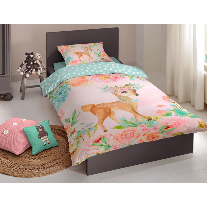 Image of Bettwäsche mit niedlichem Rehkitz auf blumigem Untergrund, mehrfarbig, 65x100 cm / 160x210 cm bei Lehner Versand Schweiz