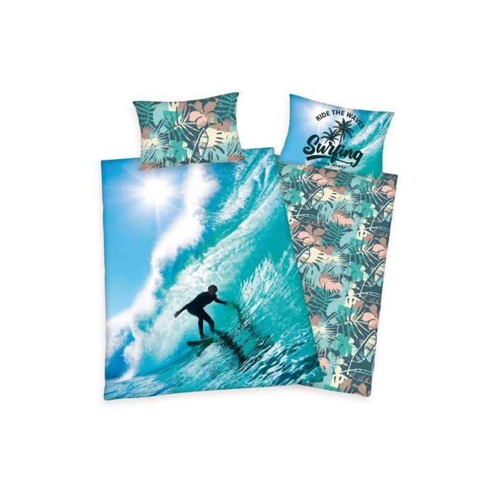 Image of Bettwäsche mit Surfer und floralem Muster, eisblau, 65x100 cm / 160x210 cm bei Lehner Versand Schweiz
