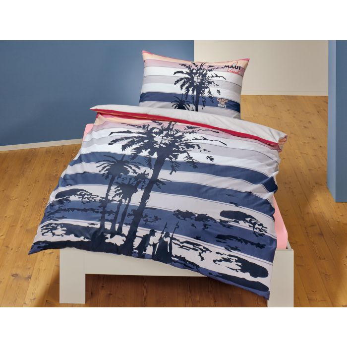 Image of Maui Sports Bettwäsche gestreift mit grossem Palmenmotiv, marine, 65x100 cm / 160x210 cm bei Lehner Versand Schweiz