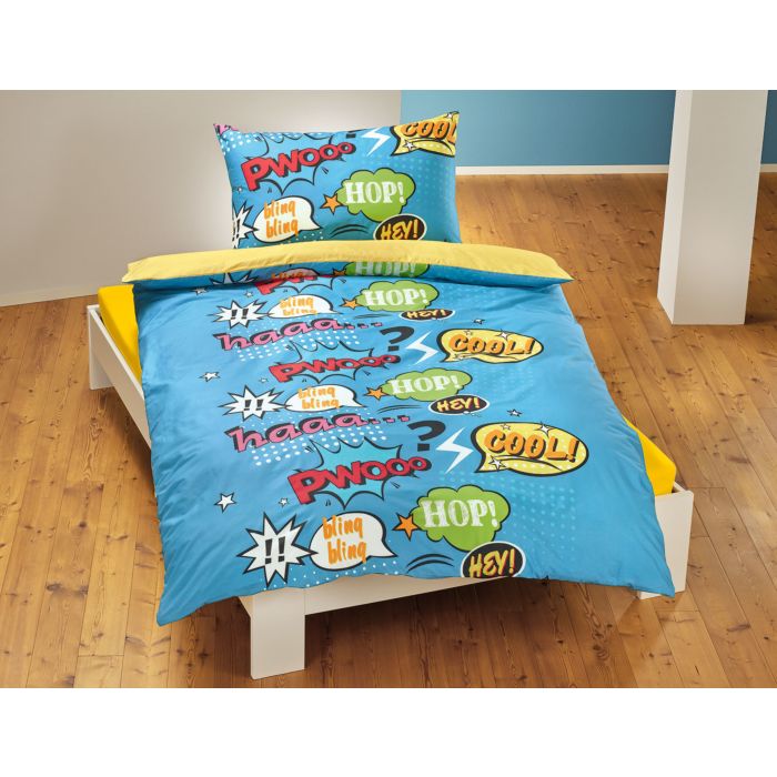 Image of Bettwäsche mit Sprechblasen im Comic Design, blau, 65x100 cm / 160x210 cm bei Lehner Versand Schweiz