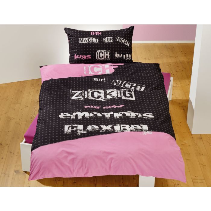 Image of Bettwäsche mit frechen Sprüchen anthrazit-rosa, 65x100 cm / 160x210 cm bei Lehner Versand Schweiz