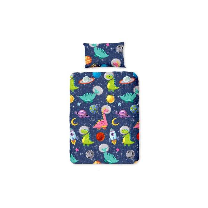 Image of Bettwäsche mit bunten Weltraumdinosauriern und Planeten, blau, 65x100 cm / 160x210 cm bei Lehner Versand Schweiz