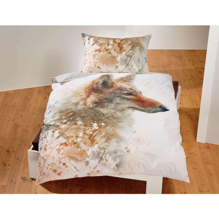 Image of Bettwäsche mit Wolf und zartem Blättermuster auf weissem Untergrund, 65x100 cm / 160x210 cm bei Lehner Versand Schweiz