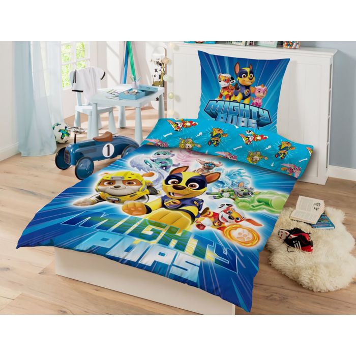 Image of Bettwäsche mit den Stars der Paw Patrol Mighty Pups, blau, 65x100 cm / 160x210 cm bei Lehner Versand Schweiz