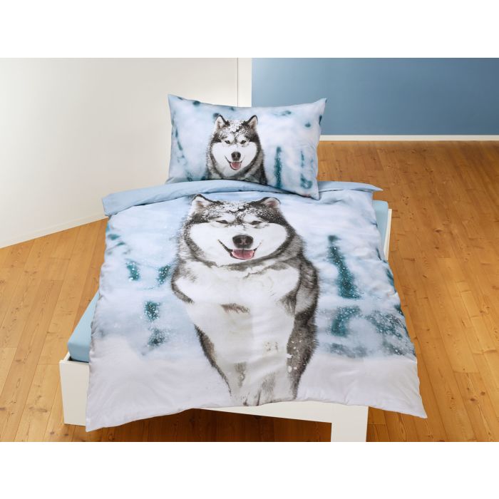 Image of Bettwäsche mit Husky im Schnee, hellgrau, 65x100 cm / 160x210 cm bei Lehner Versand Schweiz