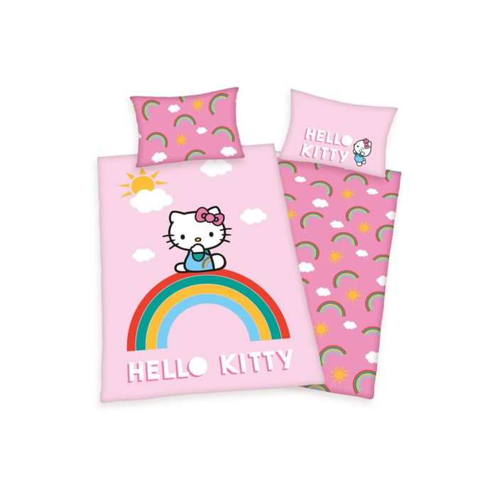 Image of Bettwäsche mit "Hello Kitty" auf Regenbogen, rosa, 65x100 cm / 160x210 cm bei Lehner Versand Schweiz