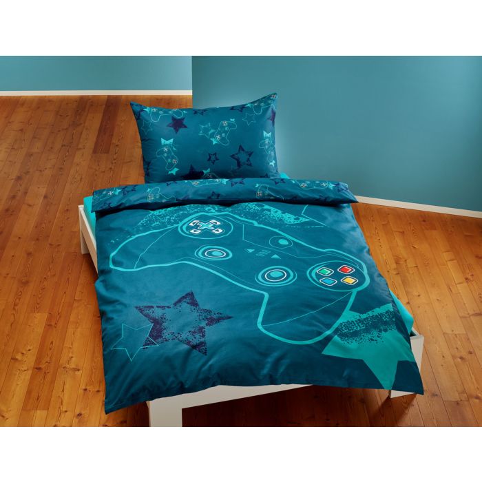 Image of Bettwäsche blau mit Gaming Controller und Sternen, 65x100 cm / 160x210 cm bei Lehner Versand Schweiz