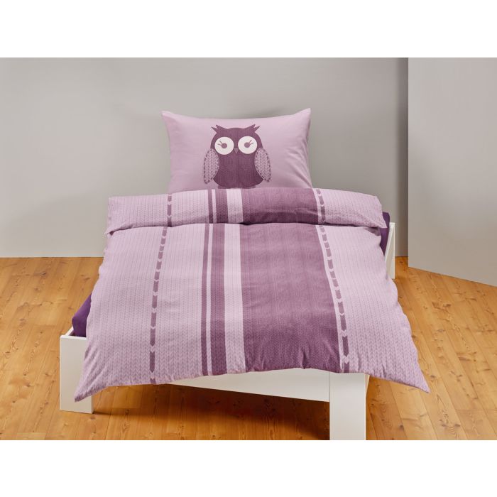 Image of Bettwäsche mit Eule und gestreiftem Muster in Strickoptik, lila, 65x100 cm / 160x210 cm bei Lehner Versand Schweiz