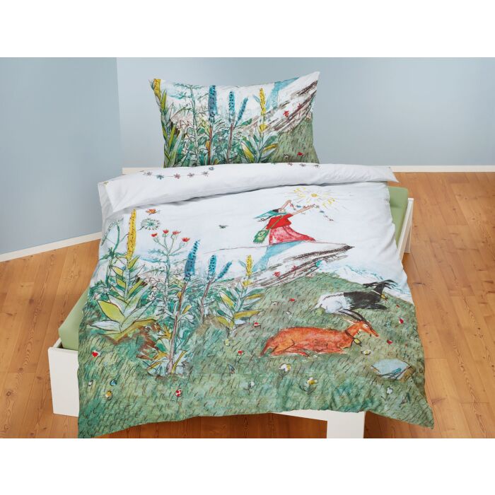 Linge de lit avec Flurina sur fond de prairie printanière