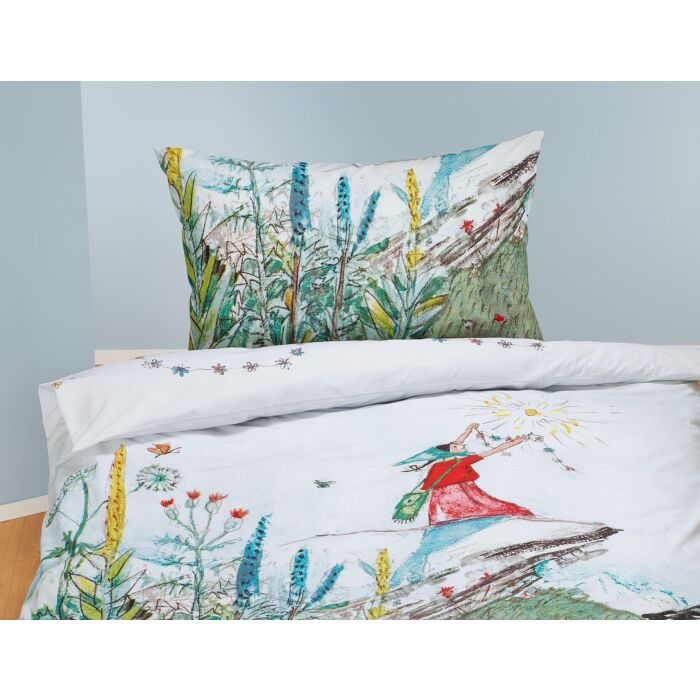 Linge de lit avec Flurina sur fond de prairie printanière