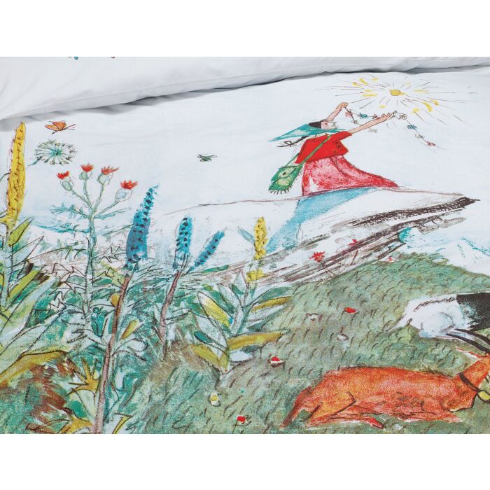Linge de lit avec Flurina sur fond de prairie printanière