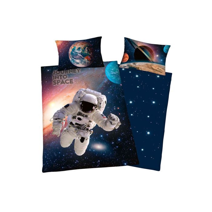 Image of Bettwäsche mit Astronaut und Schriftzug "Journey into Space", marine, 65x100 cm / 160x210 cm bei Lehner Versand Schweiz