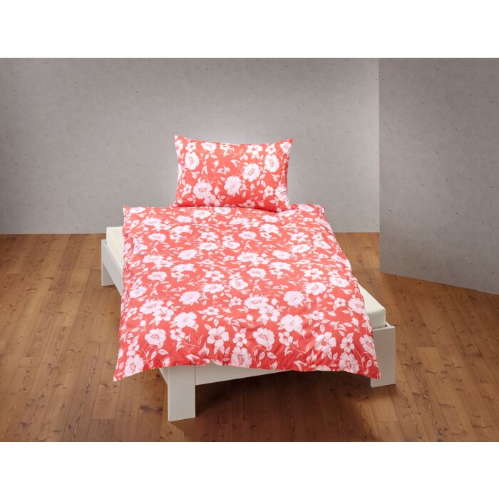 Bettwäsche mit weissem Blütenmuster auf farbigem Untergrund – 2x65x65 cm / 200x210 cm