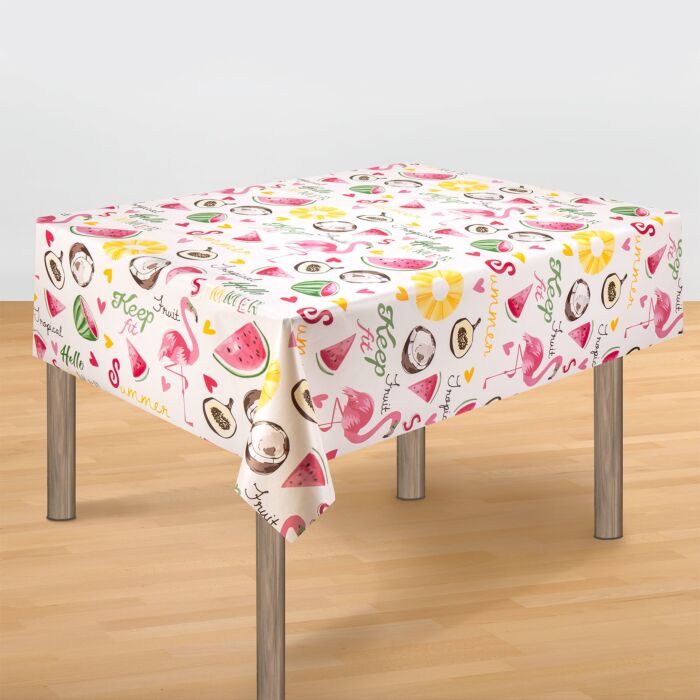 Tischdecke mit sommerlichen Motiven in bunten Farben