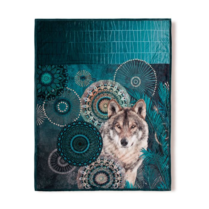 Image of hip Weiche, flauschige Fleecedecke mit Wolf und Mandala-Federmuster, petrol, 130x160 cm bei Lehner Versand Schweiz