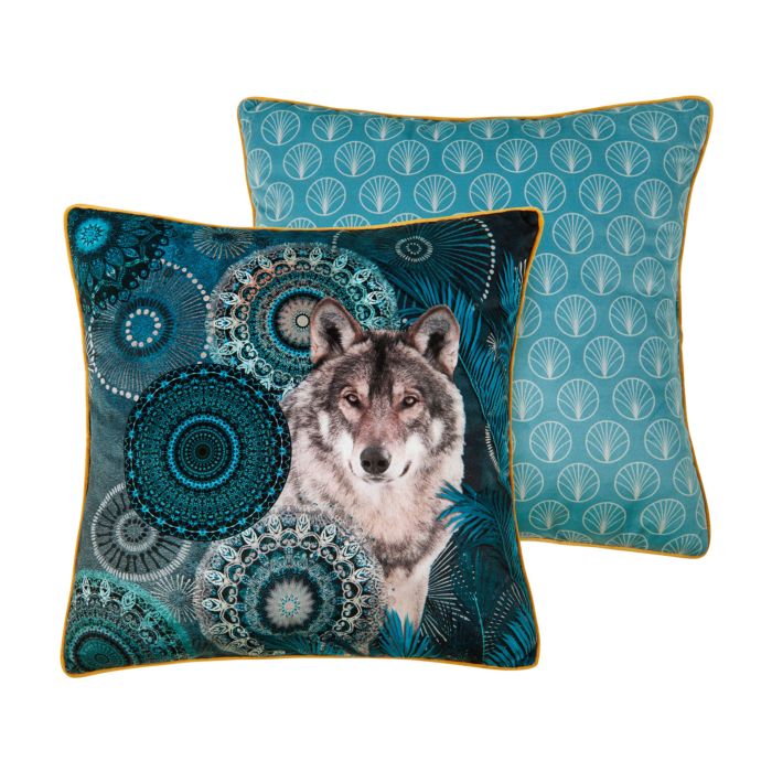 Image of hip Zierkissen mit Wolf und Mandala-Federmuster, petrol, 48x48 cm bei Lehner Versand Schweiz