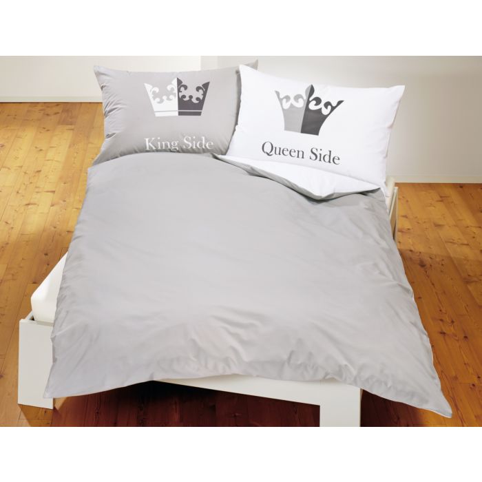 Image of Bettwäsche weiss-grau mit Kissenprint "King Side" und "Queen Side", 2x65x65 cm / 200x210 cm bei Lehner Versand Schweiz