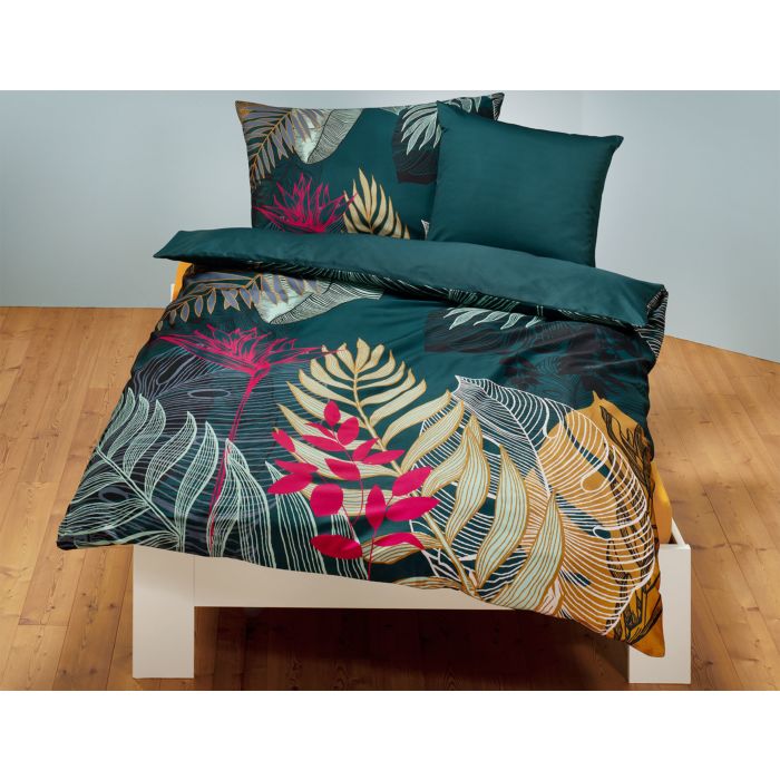 Image of Bettwäsche mit verschiedenen Blattformen, petrol, 160x210 cm bei Lehner Versand Schweiz