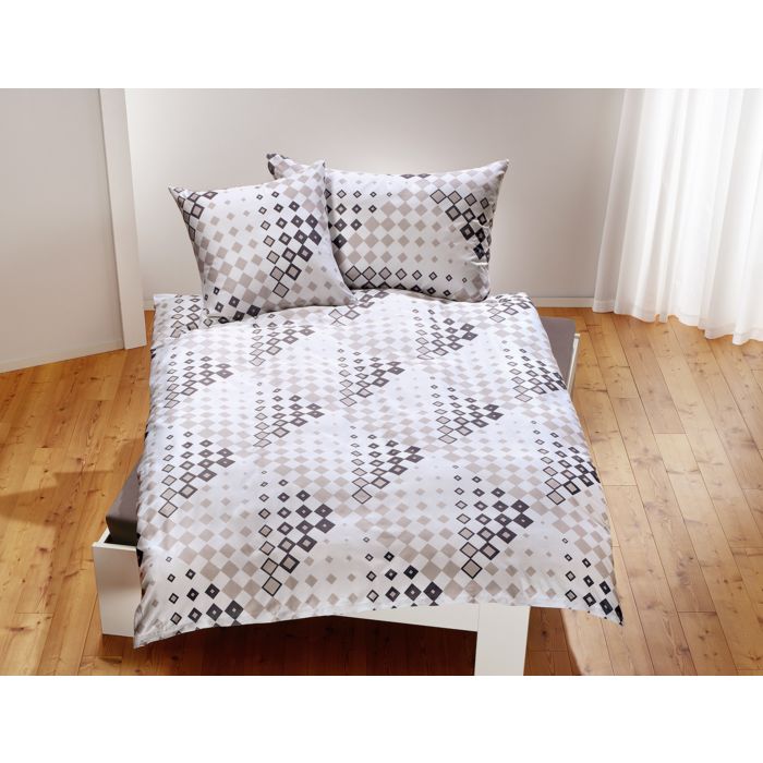 Image of Bettwäsche weiss mit Karomuster in Hellgrau- und Sandtönen, 160x210 cm bei Lehner Versand Schweiz