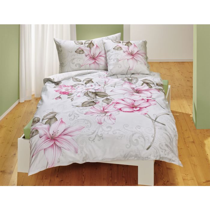Image of Bettwäsche mit schönem Blumenprint in rosa und olive, hellgrau, 50x70 cm bei Lehner Versand Schweiz