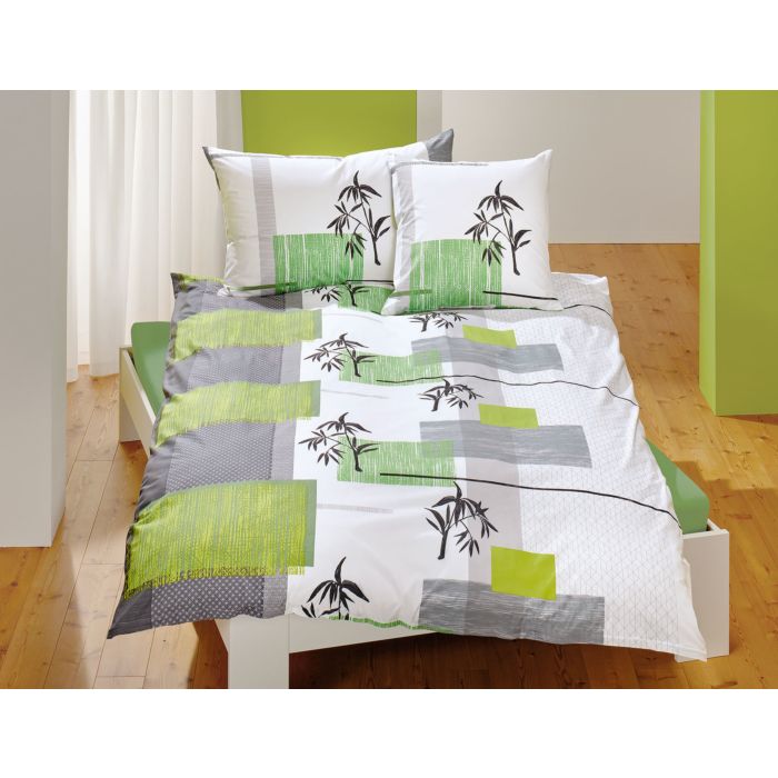 Image of Bettwäsche mit Grau-Grünem Quadratmuster und schwarzer Bambuspflanze, 160x240 cm bei Lehner Versand Schweiz