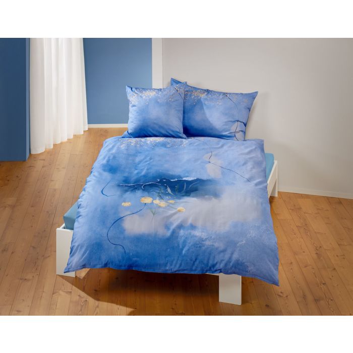 Image of Bettwäsche mit kunstvollem Blumenprint und Goldregen, blau, 65x65 cm bei Lehner Versand Schweiz