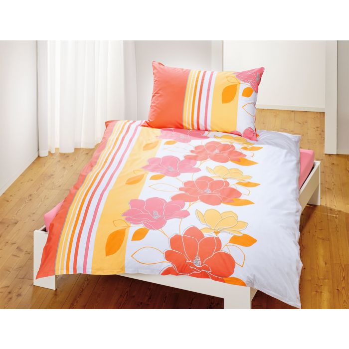 Image of Bettwäsche mit Streifen und Blumenprint, orange, 65x100 cm / 160x210 cm bei Lehner Versand Schweiz